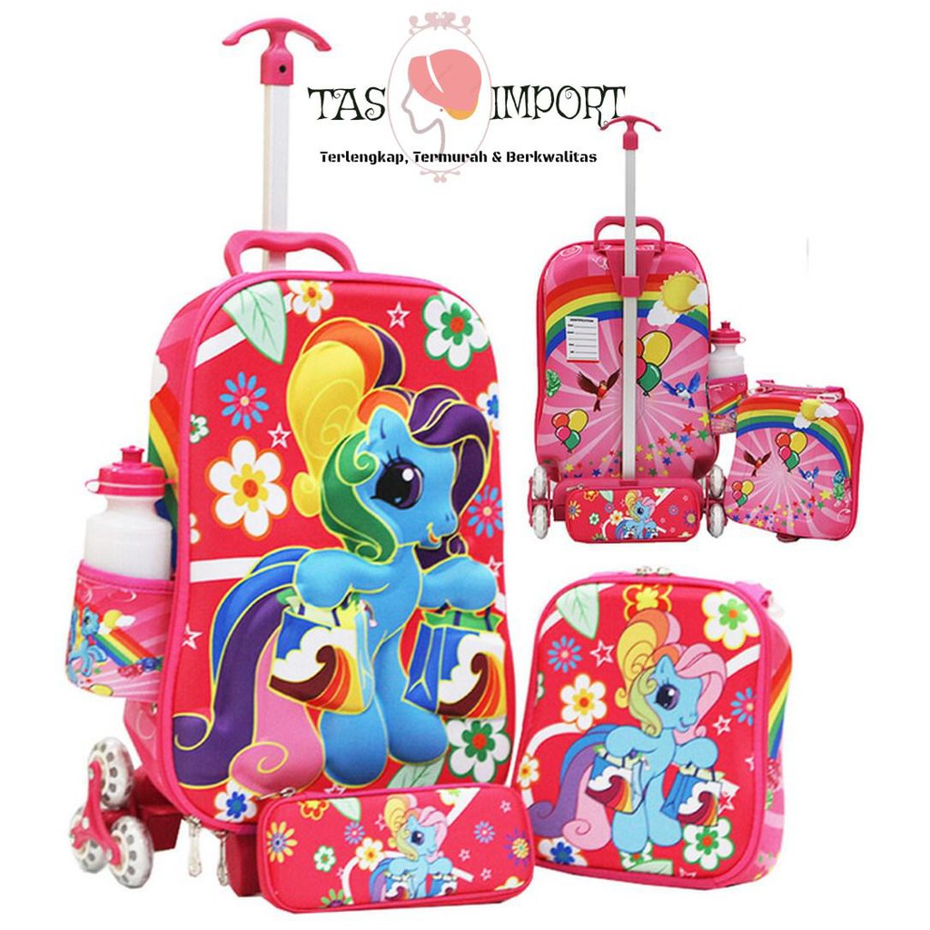 Little Pony 3D Timbul Tas Trolley Anak 3in1 Set 6 Roda+Topi+Bantal