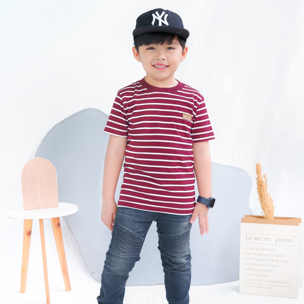 Kaos Stripe Garis Anak Laki Laki Perempuan Branded Unisex Original Premium | Mevla Kids - Uzuki Red