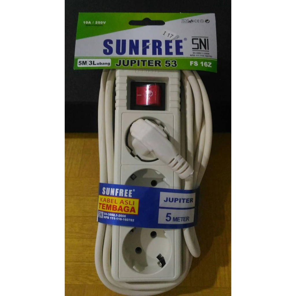 SUNFREE Cok Sambung 5 Meter 3 Lubang Saklar Jupiter 53 / Stop Kontak SNI