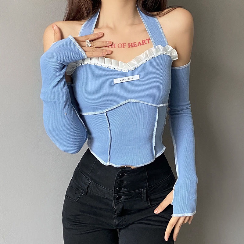 Kaos leher halter pendek biru susu retro yang manis dan keren, lengan panjang pendek, atasan ramping