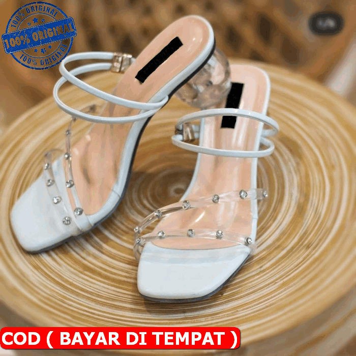 Sepatu Hils Wanita Mika Kaca Heels Cantik Murah Casual Import Ak  TA685 Heel Kaca Bulat Strip Jell