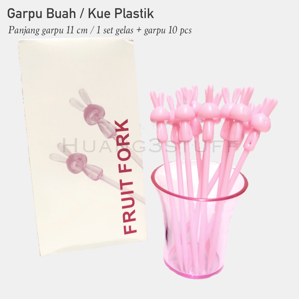 Garpu Mini Buah Kue Plastik Motif Kelinci Warna Pink Plus Gelas Souvenier Murah