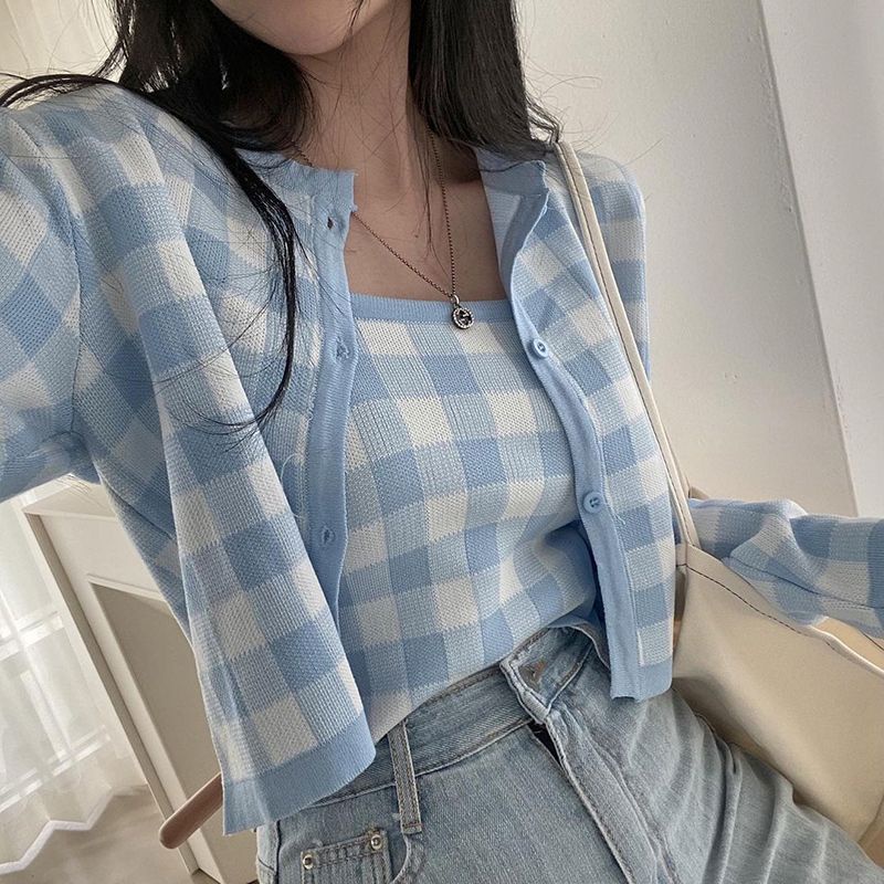 [Premium] Tartan Plaid Pastel Korean Set 2in1 (Cardigan & TankTop) setelan rajut wanita kardigan dan