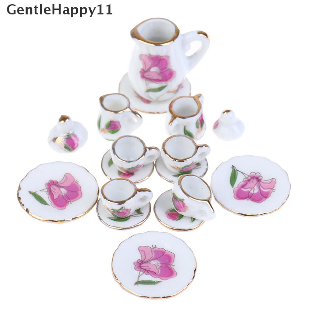 Gentlehappy 15Pcs / set Miniatur Peralatan Makan / Minum Teh Bahan Keramik Porselen Untuk Rumah Boneka 1: 12