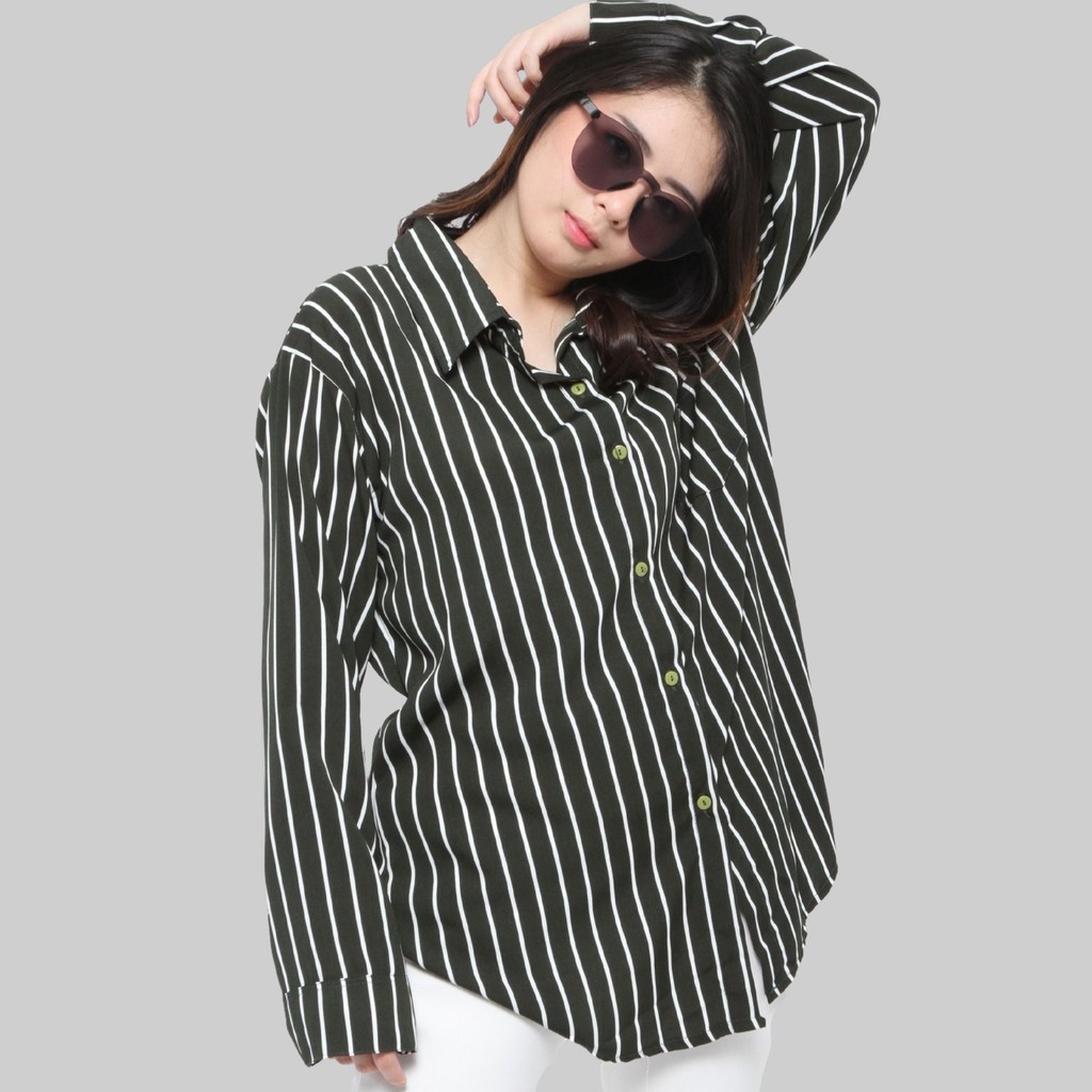 Monellina 06171 Kemeja Oversize Wanita Lengan Panjang Garis-3