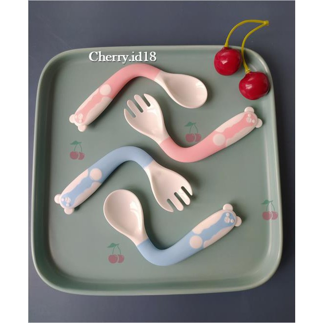 COD Set Sendok Dan Garpu Silicone Bayi / Set Latihan Makan + Garpu Dapat di Bengkokkan twistable