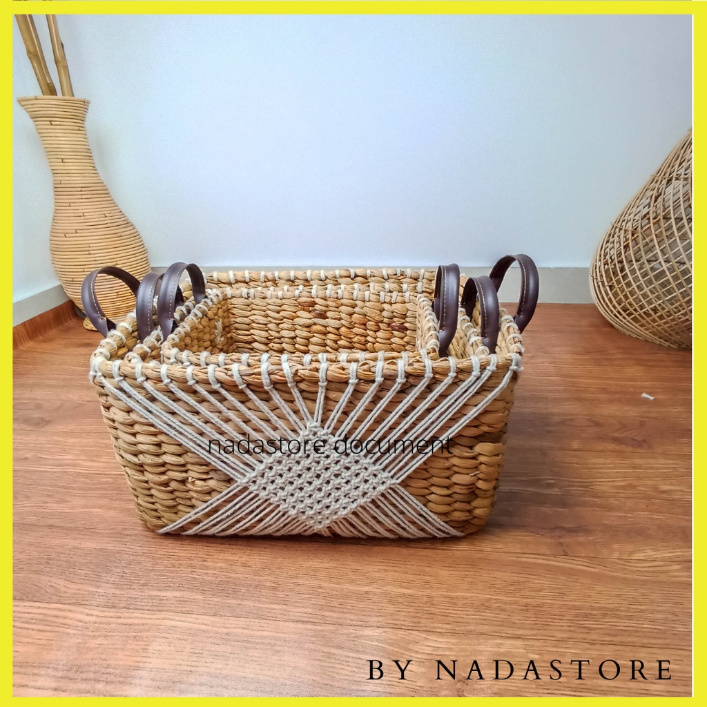 Nadastore  Keranjang Rectangular Rajut Macrame Premium / Basket Enceng Gondok / Tempat Buku / Hamper