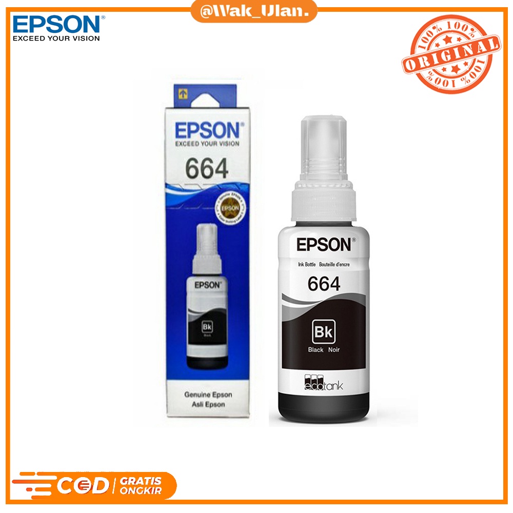 Tinta Original Epson 664 Ink Black Hitam T6641 T-6641 T 6641 Original L100 L110 L120 L200 L210 L220 L300 L310 L350 L360 L365 L455 L550