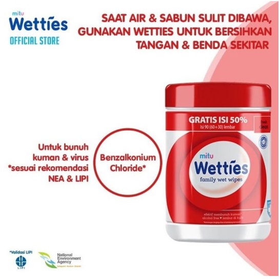 Mitu Wetties Family Wet Wipes Bottle 90 Sheets - Tisu Basah BESAR, MITU Baby Tissue Bottle Antiseptic  - Green 60's