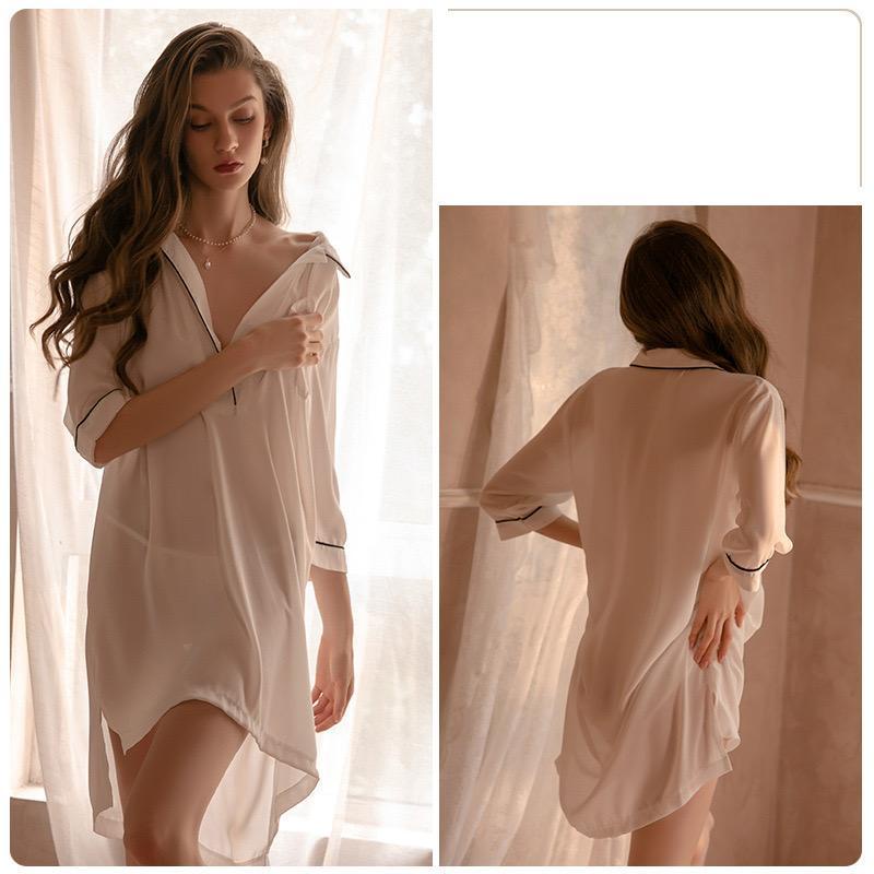 [ LINGERIE MASTER ] - (L-3) Sexy Lingerie Kemeja Baju Tidur Sexy Wanita / Lingerie Boyfriend Shirt / Kemeja Transparan Bigsize Baju Sexy Wanita-L-3 White