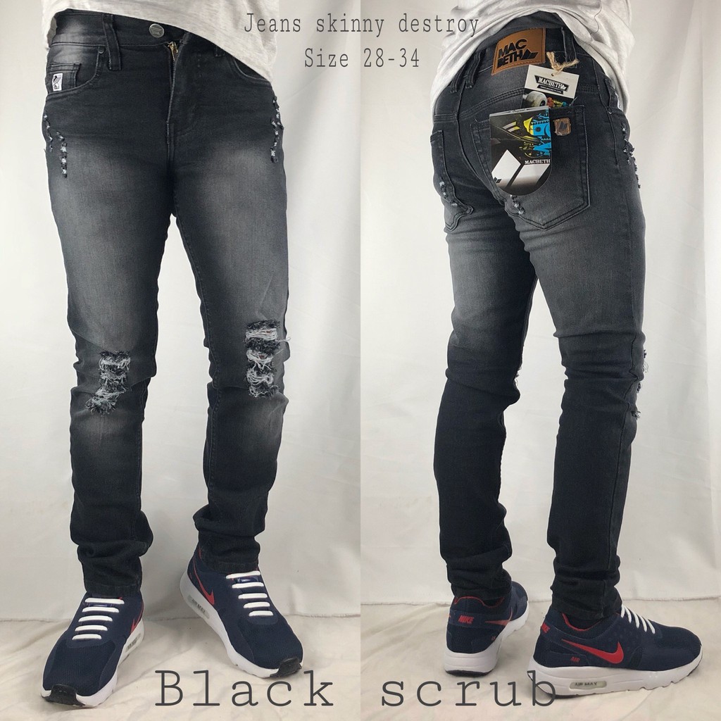 Celana Jeans Pria Skinny Biker Motor Ripped Knee Rips Sobek Robek Black Denim Streact Berkualitas S0