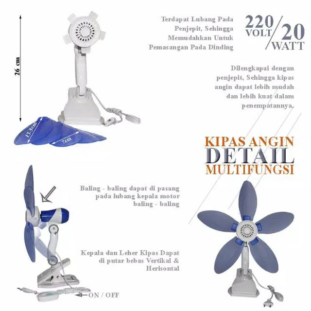 mini fan jepit 20w/ kipas angin 5 baling2/ fan jepit 20w