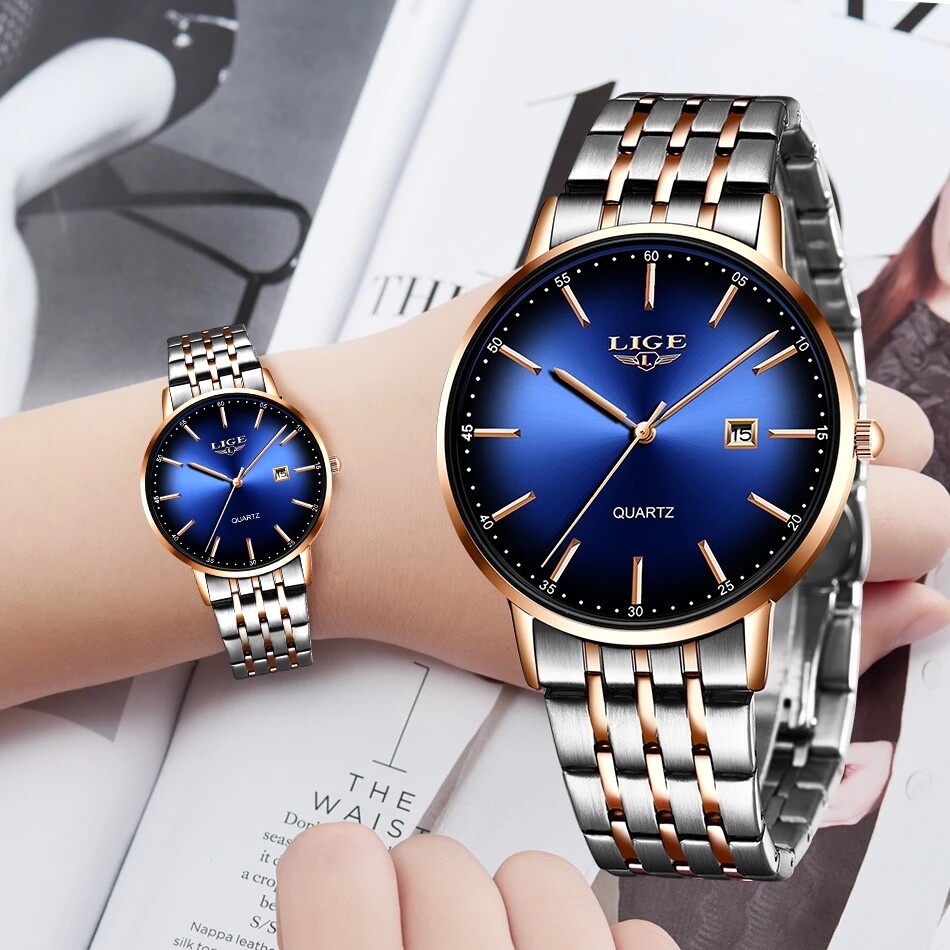 LIGE Jam Tangan Wanita Terbaru 2021  Anti Air Mawar Emas Tali Baja Gelang Wanita Tanggal Otomatis Ja