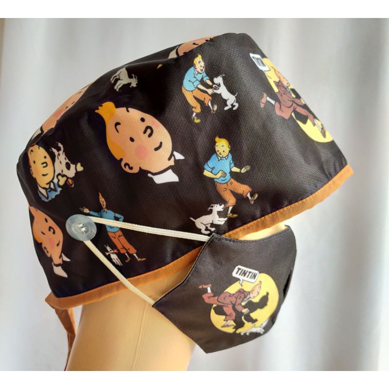 Topi Medis / Scrub Hat / Surgical Cap Head Cap / Topi Dokter Printing Motif Tintin Hitam