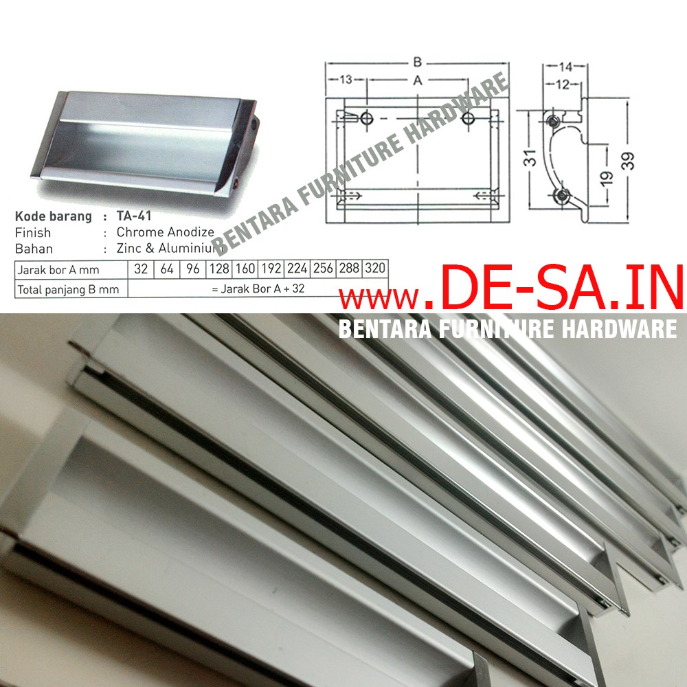 Huben TA-41 64 mm - Tarikan Laci Tanam Meja Lemari Kabinet Gagang Pintu Handle Drawer Aluminium ( Sekitar 3 - 4 - 5 - 6 cm )