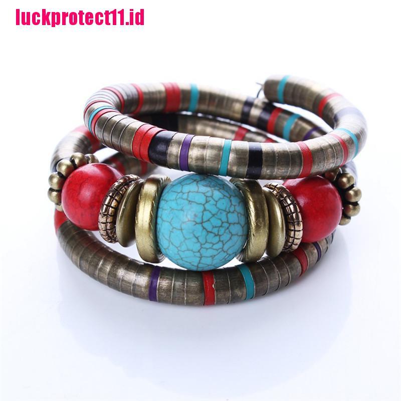 【LUCK】Women Silver Color Faux Turquoise Boho Adjust Bangles Charm Chic Beads Bracelets