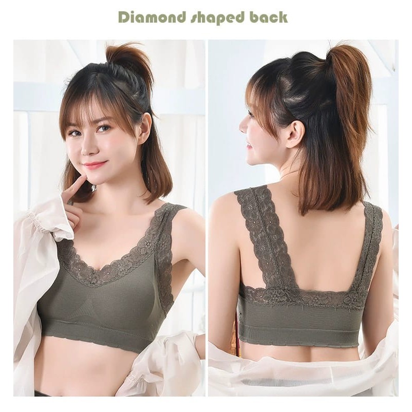 ☀ Sunly ☀ A132 Bra Wanita Sports Bra V-Neck Aksen Hem Lace dengan BH Pad Busa Import