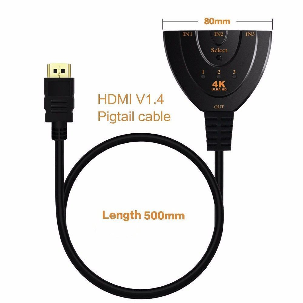 Switch HDMI 3 Port 4K Ultra HD TV Switcher 3 Input 1 Output Adapter Connector