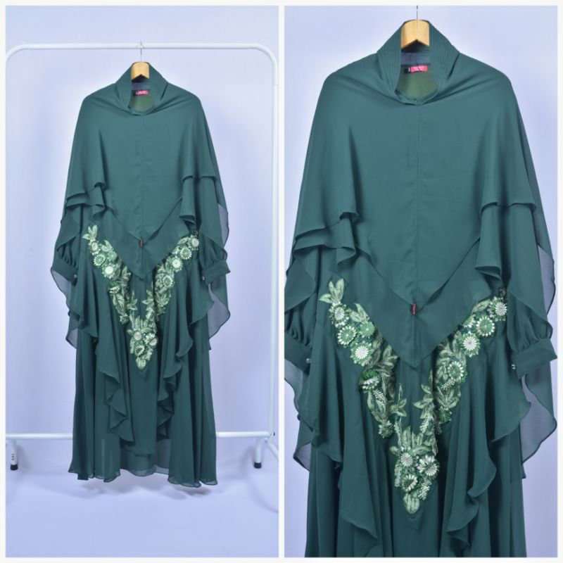 Gamis Syari Ceruty Bordir Set Khimar Gamis wanita Remaja Kekinian Ibu Ibu Jumbo Mewah-Jotol