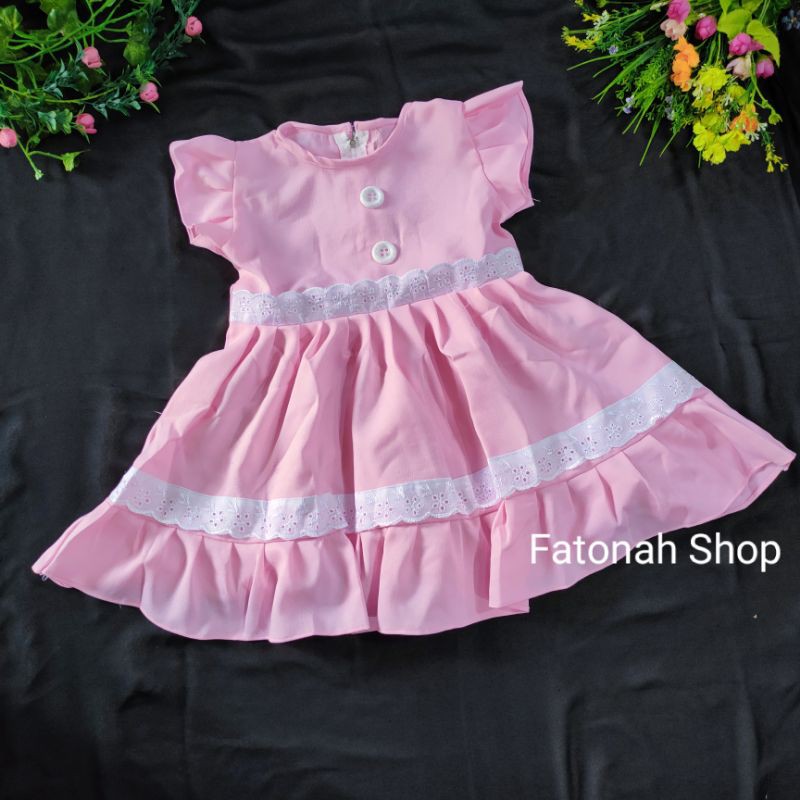 Dress anak 1 2 tahun baju anak cewek rok moscrepe renda polos ( dress moscrepe renda )