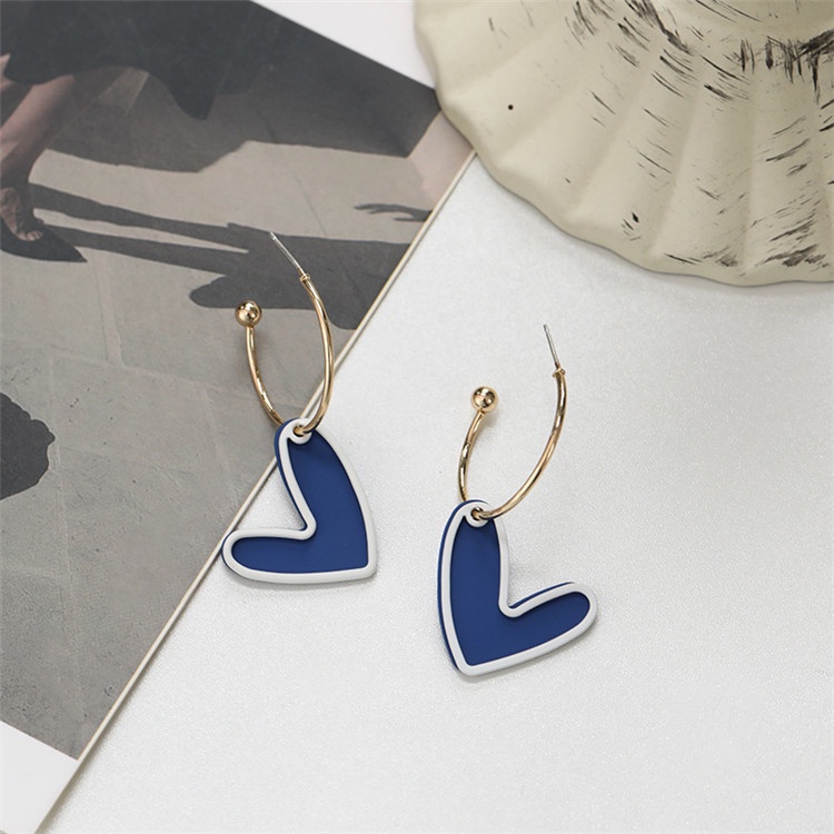 Anting stud Desain Hati Warna Biru Gaya Perancis