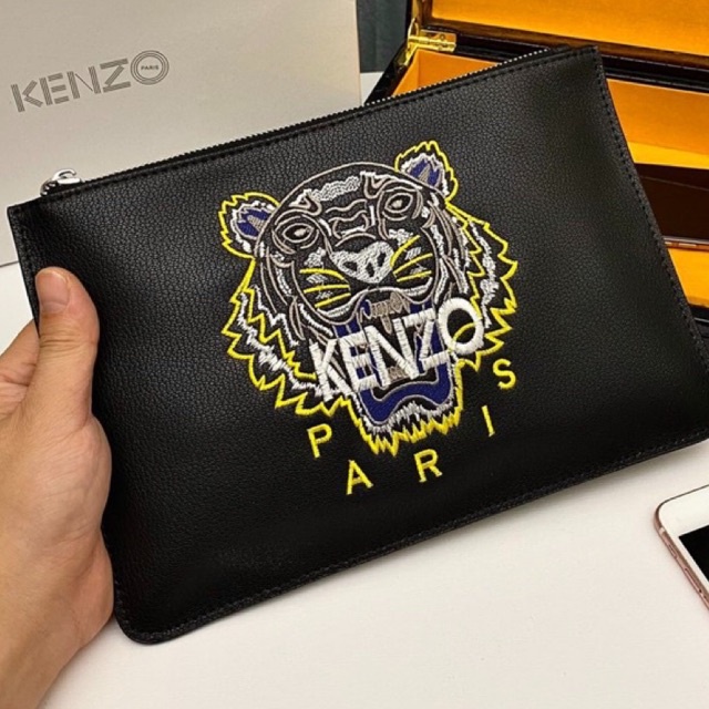 KENZ0 Tiger Clutch Pouch Full Leather Embossed Yellow