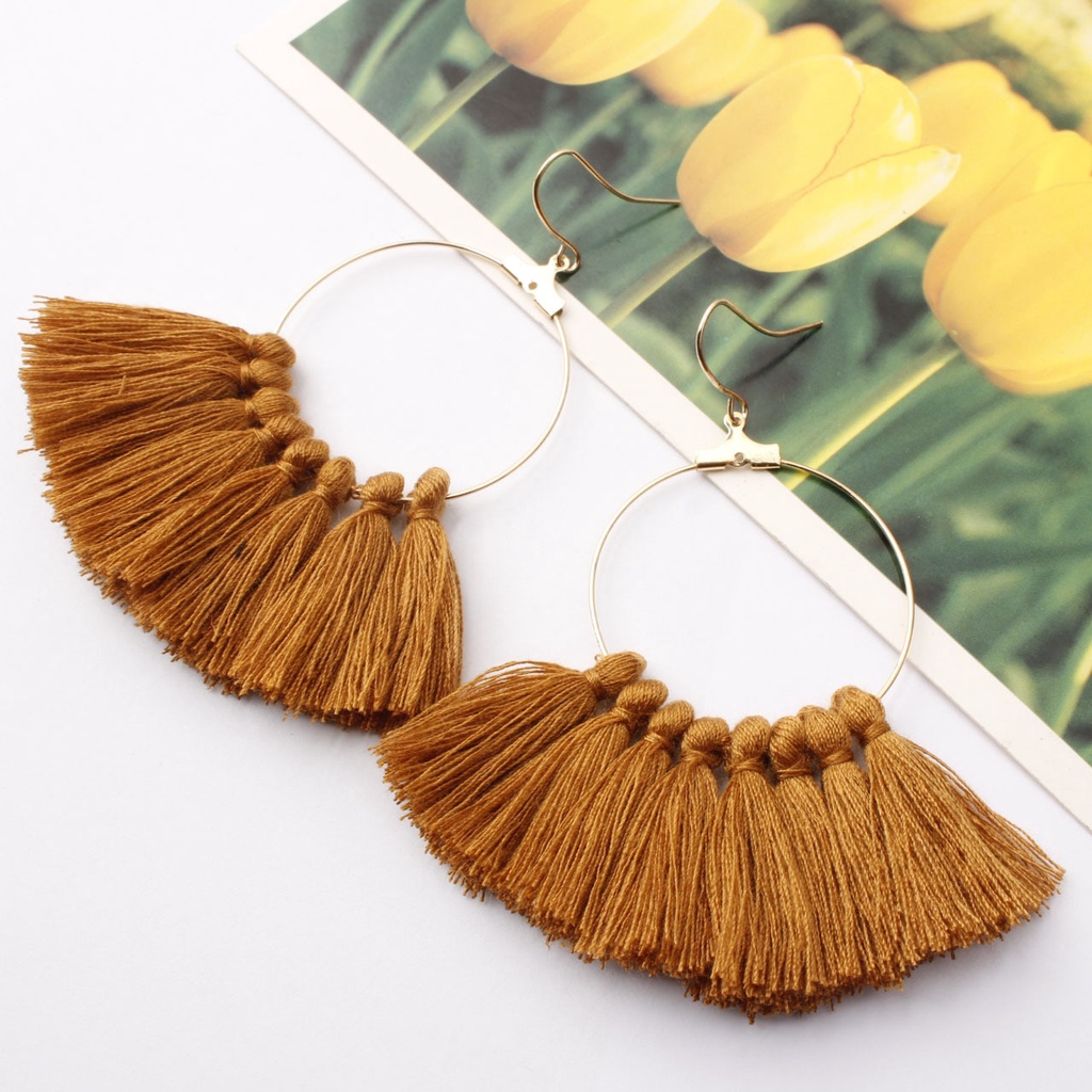 Untuk baru sederhana berbentuk kipas rumbai anting-anting temperamen panjang fringe ornamen bohemian