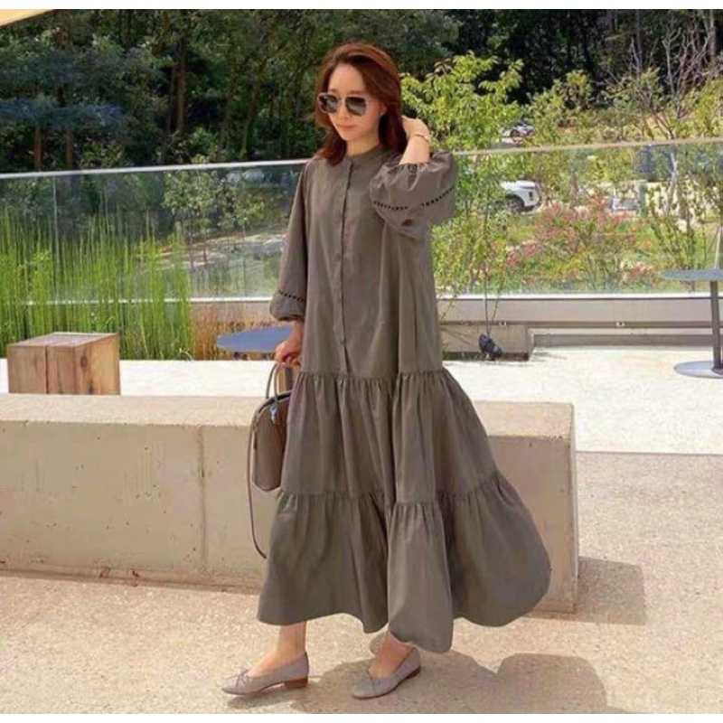 DRESS WANITA MAXY KATUN POLOS WARNA LENGAN PANJANG KANCING DEPAN HIJAB BUMIL BUSUI FRIENDLY CASUAL K