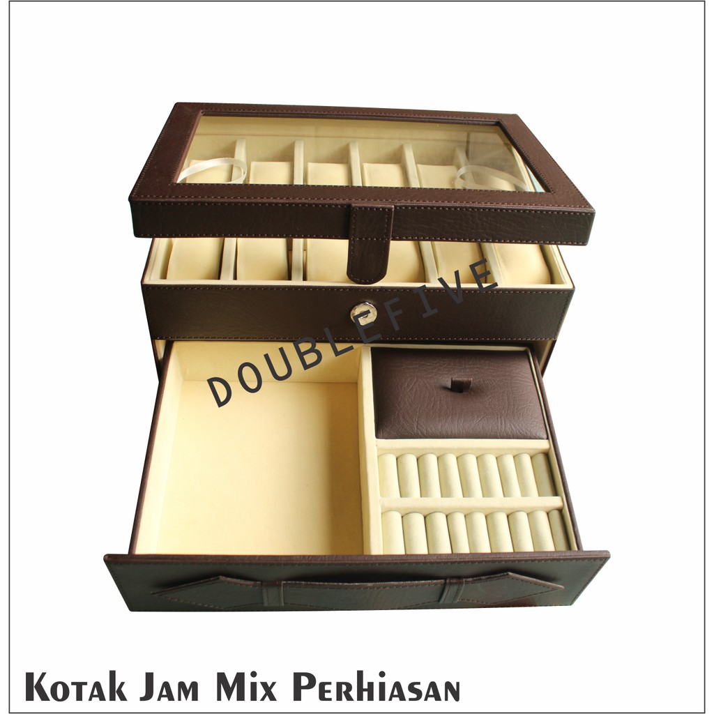 PROMO - Kotak Tempat Jam Tangan Isi 12 Mix Laci Perhiasan / Watch Box Organizer Full Collor