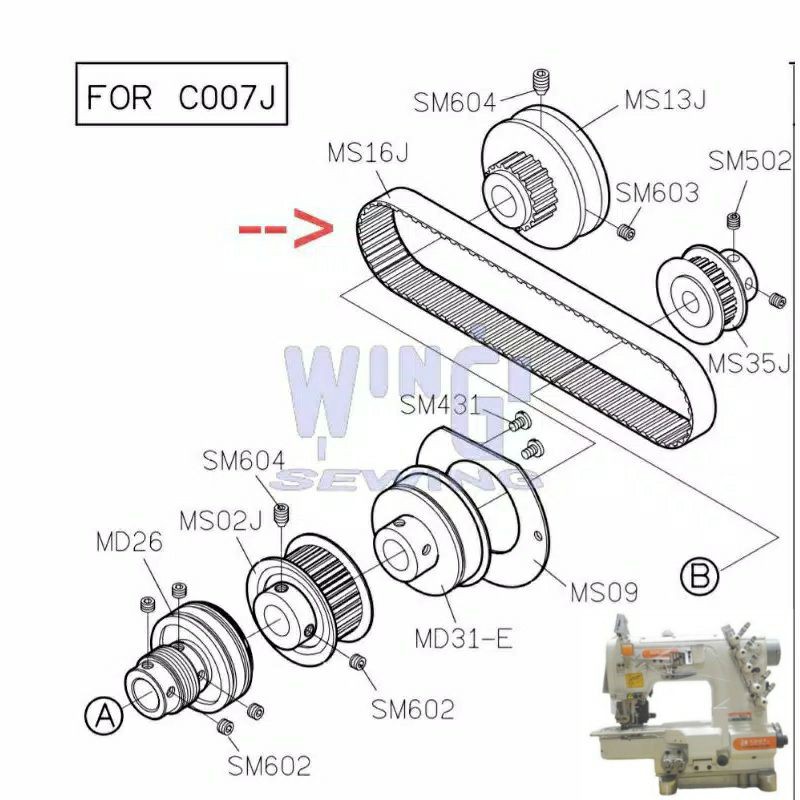 S3M276 MS16J SIRUBA C007 Timing Belt Mesin Jahit Overdeck Kam