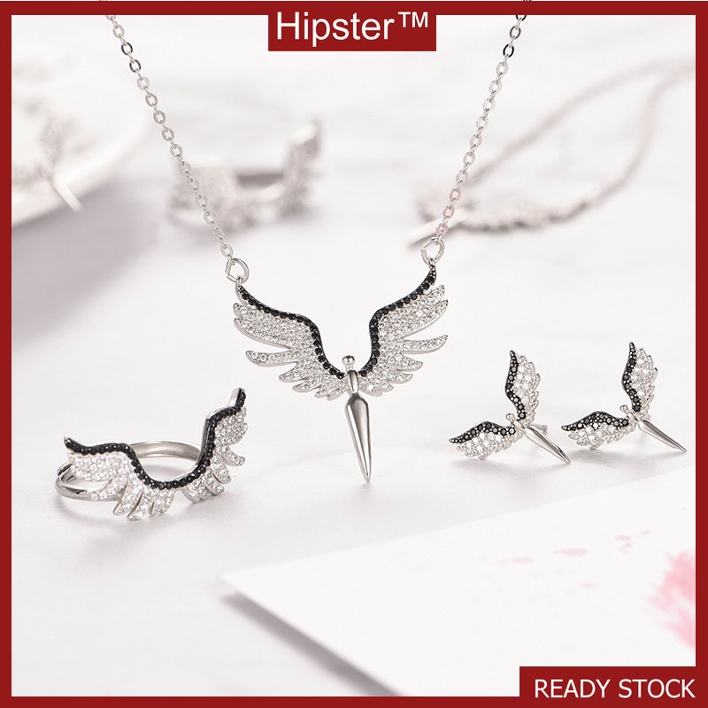 New Fashion Luxury Guardian Angel Diamond Ring Necklace Ear Stud Three-Piece Set