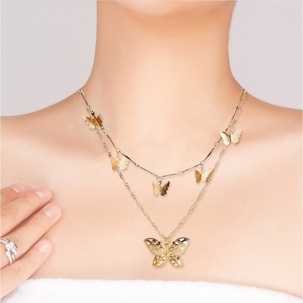 Kalung Rantai Tumpuk Wanita 2  LAYERS BUTTERFLY Kupu-Kupu Gaya Korea Fashion Women Necklace Cewek