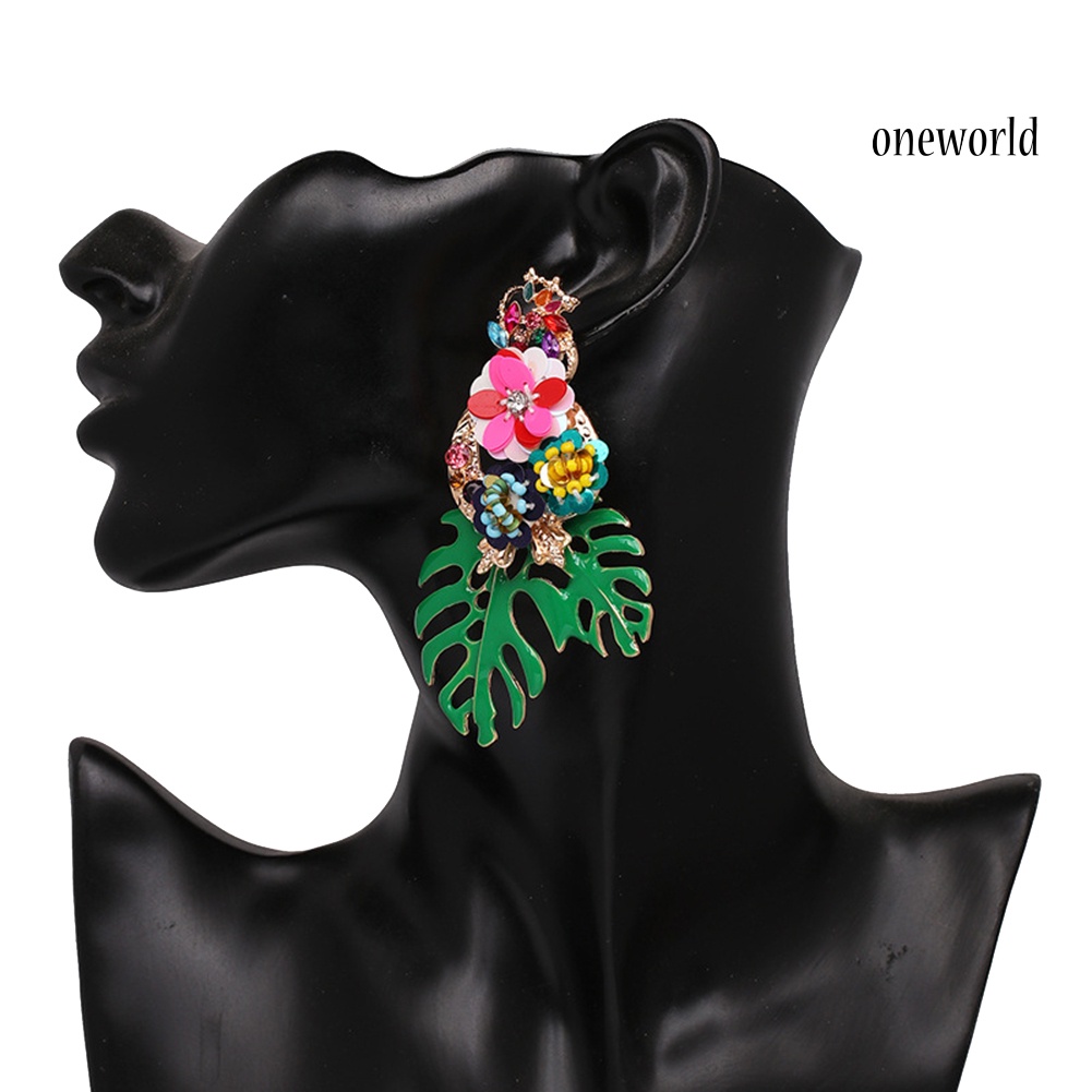 OW@ Vintage Women Leaf Flower Colorful Sequins Beads Rhinestone Statement Earrings