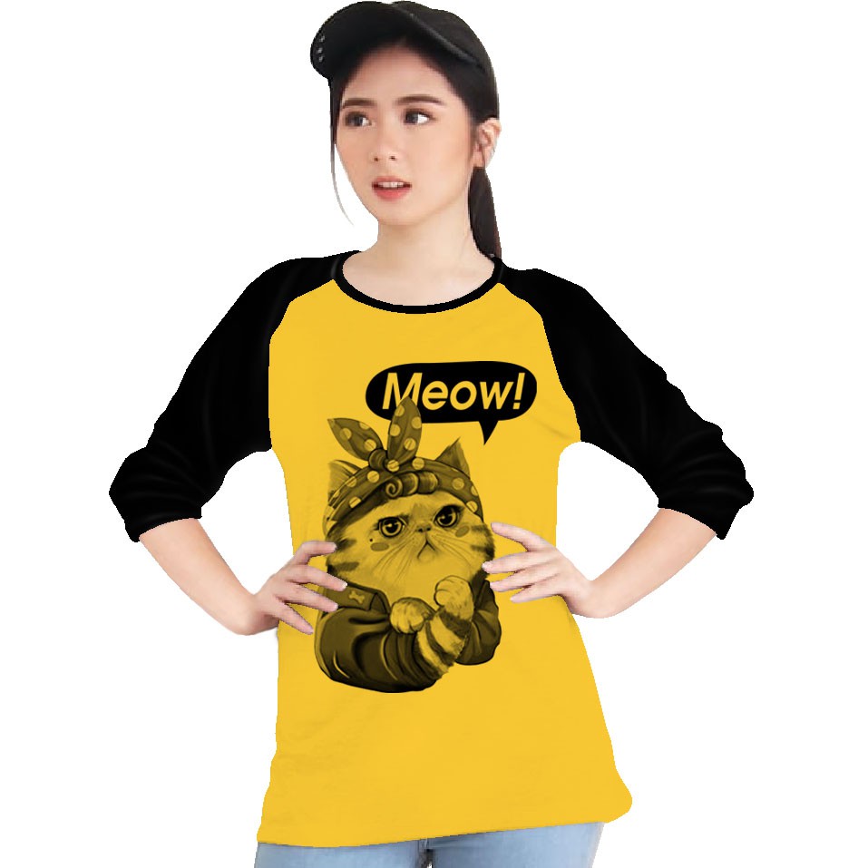 Kaos Raglan (MEOW)/Kaos Wanita Lengan 3/4/ Kaos Wanita/ Kaos Cowok/ Kaos Oblong/Misty