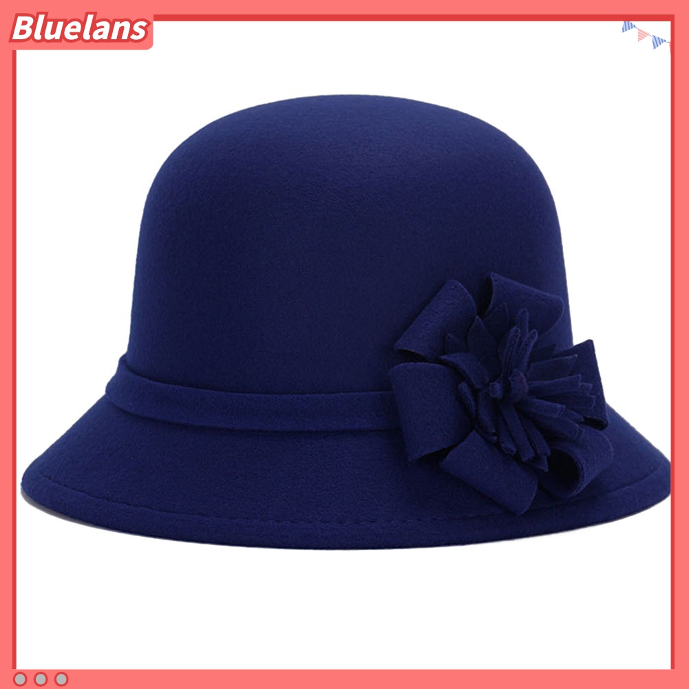 Bluelans Topi Bowler Bahan Wol Imitasi Warna Polos Aksen Bunga Gaya Vintage Untuk Wanita