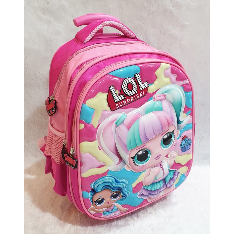 PROMO Tas Roda Dorong Trolley Anak TK Perempuan Cantik Gambar Kuda Pony dan Putri Salju Lily Glossy Timbul 3Res IMPORT ( Lily 13&quot; )