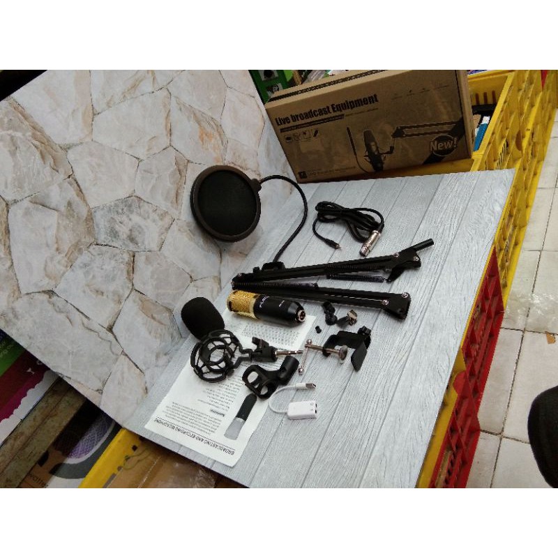 Full Paket Komplit Recording Microphone BM800 Stand Mic+Pop Filter