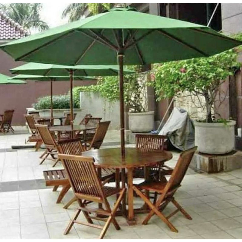 Set Meja Payung Taman Cafe Outdoor Tenda Kayu Jati 4 Kursi Lipat Kayu Jati