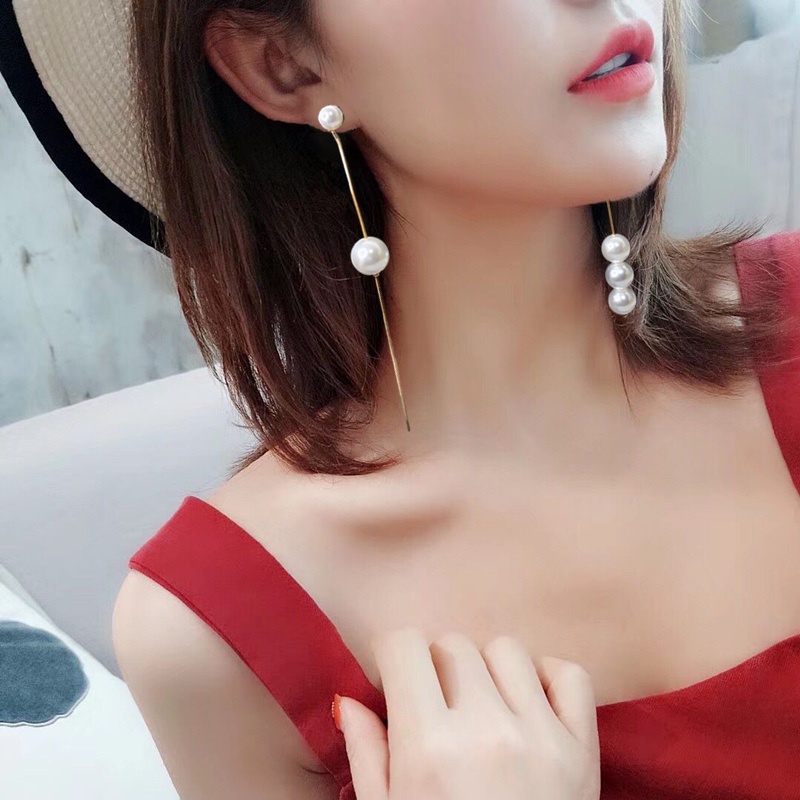 Anting Rumbai Panjang Ganda Aksen Mutiara Berlian Imitasi Gaya Korea Untuk Perhiasan Pacar