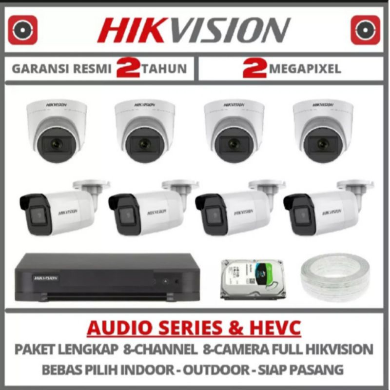 Paket CCTV Hikvision audio 2MP 8 Channel 8 Kamera Audio Komplit