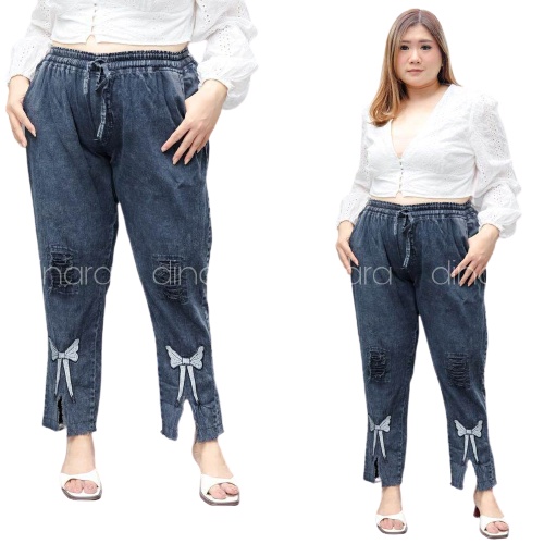 Celana Jumbo Wanita Big Size XXL Bahan Jeans Bordir Pita / Celana Baggy Jeans Jumbo Muat BB 80 kg