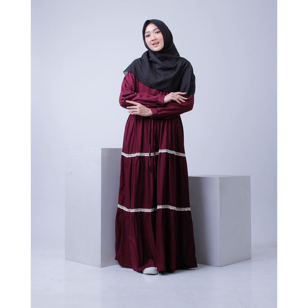 Elka Dress - Gamis Muslim Canda susun Kombinasi Renda Busui