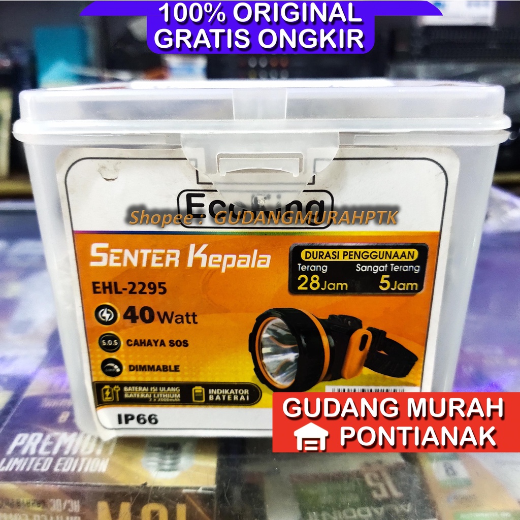 Senter Kepala 40watt ECOKING JUMBO dengan Indikator Baterai di body Headlamp head lamp lampu senter kepala 2295