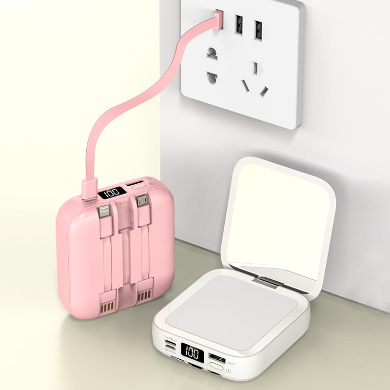 10000mAh PowerBank Pengisian Cepat dengan Cermin Lipat 3 in 1 Powerbank Beauty Mirror