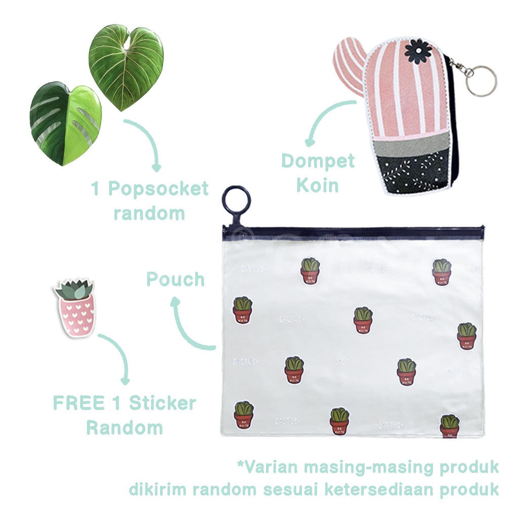 Shifra Bundling Gift Paket Pouch Dompet Koin PopSocket Dino Daun Woman (Free Sticker)