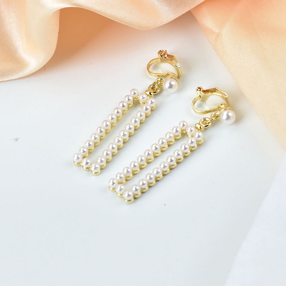 Anting Klip Tanpa Tindik Bentuk Persegi Panjang Geometris Aksen Mutiara Untuk Wanita
