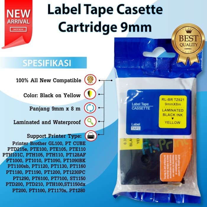 

Label Tape TZE-621 TZE621 621 9mm x 8m Black On Yellow Printer Brother FPJNew419