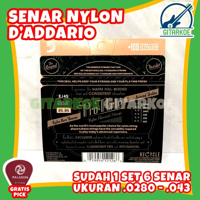 Senar Gitar Nylon Daddario Nilon Klasik Classic Akustik 1 Set EJ45