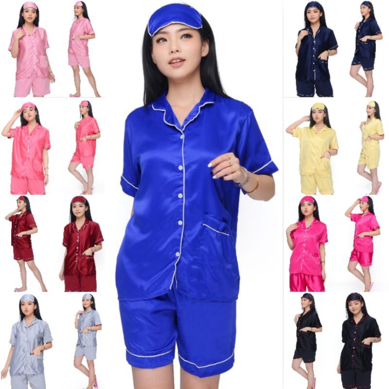 Piyama satin velvet Hotpants / Baju tidur Piama Celana Pendek set lengan Pajamas polos wanita remaja