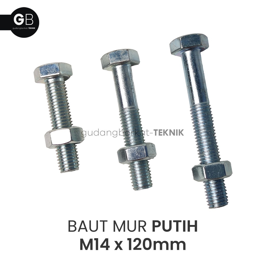 Baut Mur Putih M14x120 / BMP 14x120 (120mm) / Baut M14 Putih Kunci 22